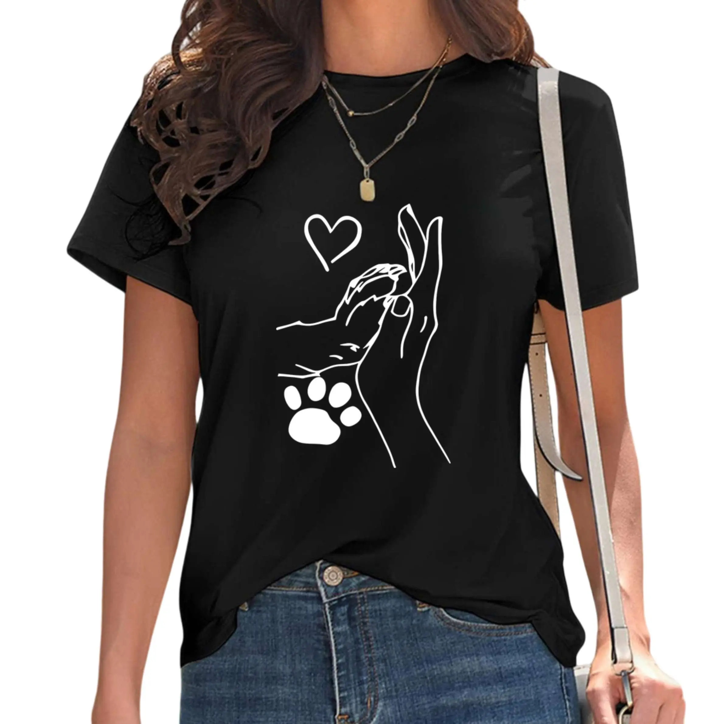 Women's Fitted Cotton Breathable Short-Sleeve Crew Neck T-Shirt - Classy Apparel with Hand, Paw Print & Heart Graphic Prints for Spring & Summer, Shortsleeve, Fabric