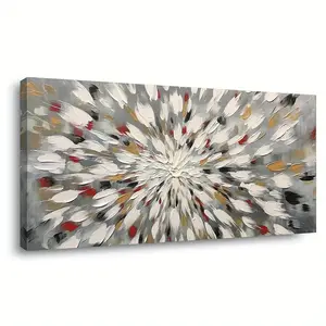 Large modern abstract canvas wall art, monochrome burst painting with vibrant red and grey patterns, high quality print for living room, bedroom, office or kitchen decoration