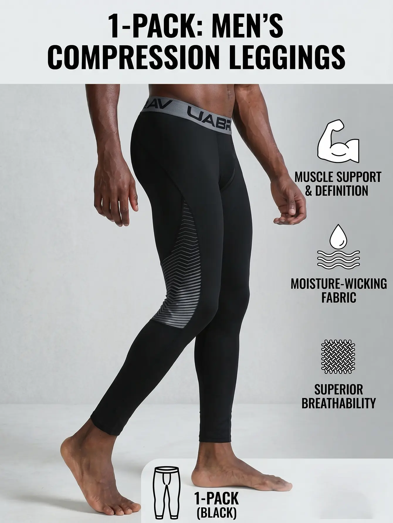 Men's Pro Athletic Compression Leggings - White Gym Workout Running Tights, Spandex Sports Long Pants with Muscle Support & Geometric Knee Graphics (1-Pack)