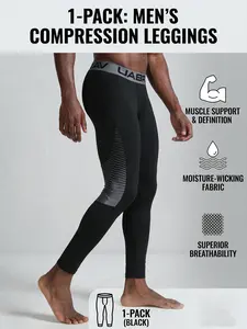 Men's Pro Athletic Compression Leggings - White Gym Workout Running Tights, Spandex Sports Long Pants with Muscle Support & Geometric Knee Graphics (1-Pack) summergarden