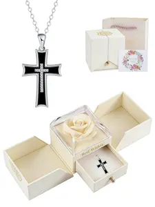 Obsidian Cross Eternal Necklace Elegant black cross enamel & diamond clavicle chain.Comes with a surprise double-door preserved rose gift box.Perfect for birthdays, Mother’s Day, Valentine’s Day and gifting occasions.