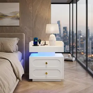 Modern Floating LED Nightstand (1/2PCS) - Adjustable LED Light, Charging Station, 2 Storage Drawers with Gold Handles, Rounded Corners, Minimalist Bedside End Side Table Accent Furniture for Bedroom, Living Room