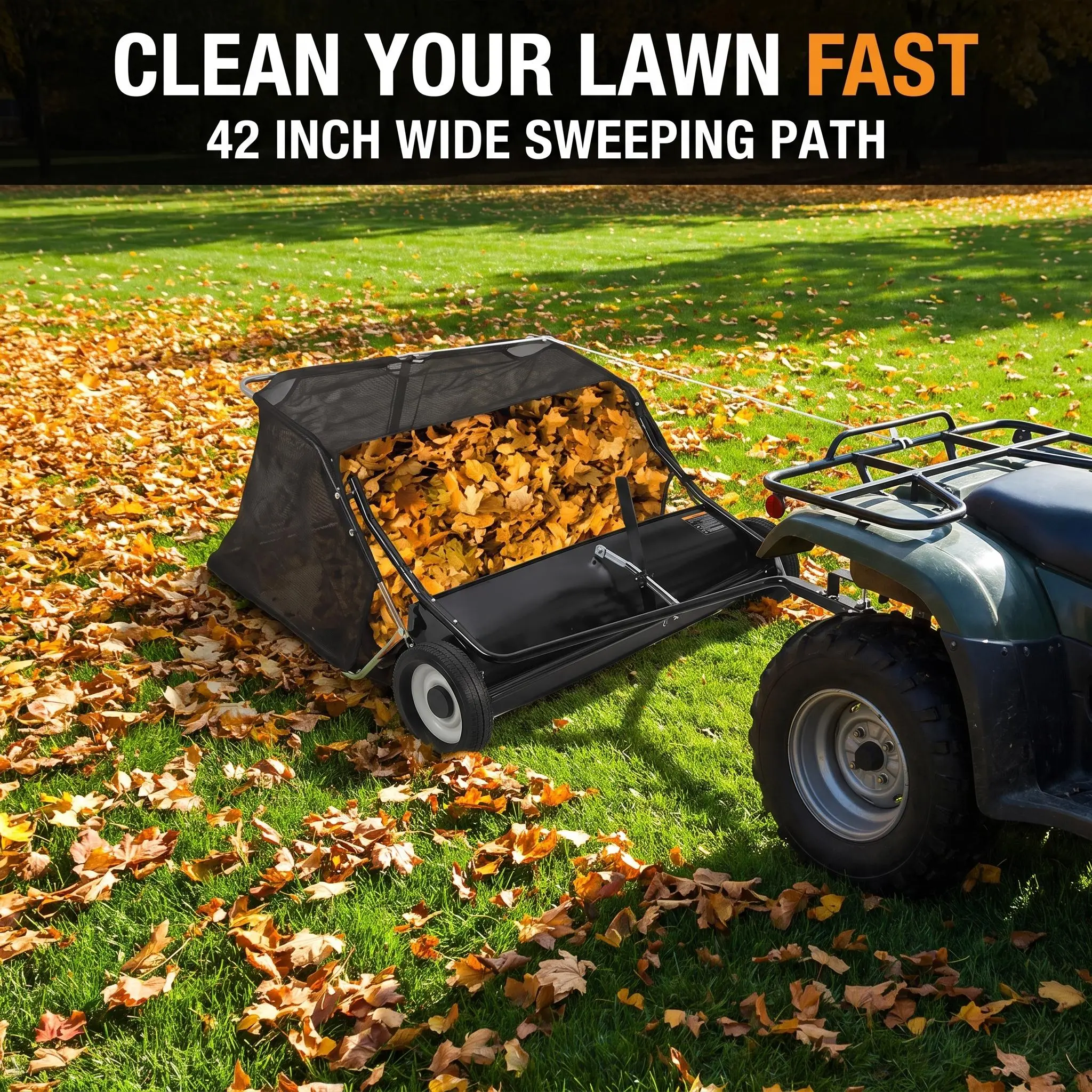 【GARVEE】Tow-Behind Lawn Sweeper 42"-50"– Durable Gardening Tool with Large Capacity, Heavy-Duty Design, Adjustable Sweeping Height, Convenient Dumping Rope, Fold for Storage for Efficient Leaf & Grass Collection, Durable Gardening Tools, 48 Inches