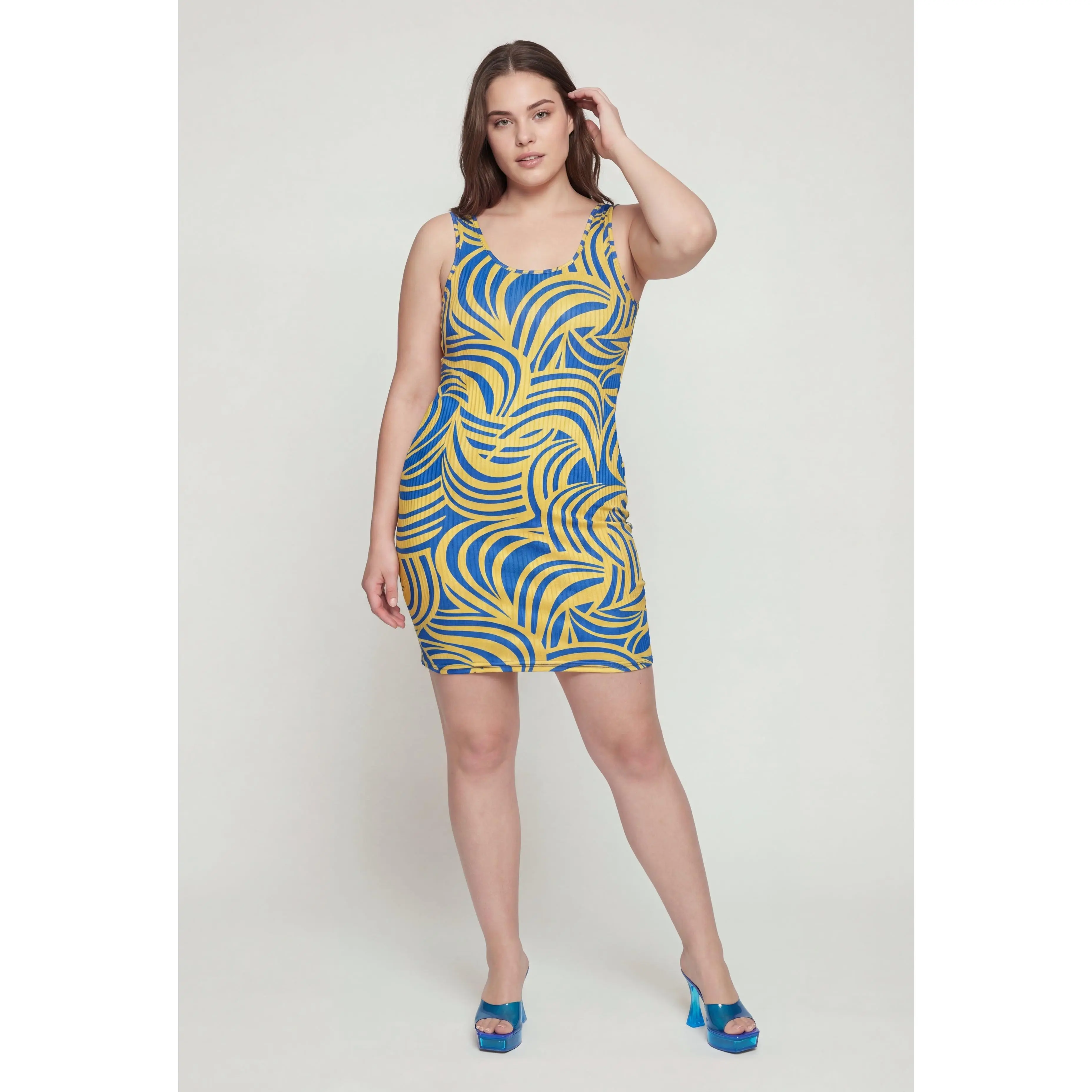 Plus Size Swirl Print Rib Knit Tank Mini Dress