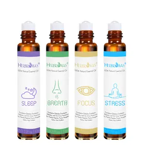 HERBROMAS Roll On Essential Oils Set – Stress Relief & Sleep Support, Lavender Peppermint Eucalyptus Grapefruit Aromatherapy Oil Roller, Portable Pre-Diluted Perfume Oil for Relaxation Focus Travel, 4 Pack