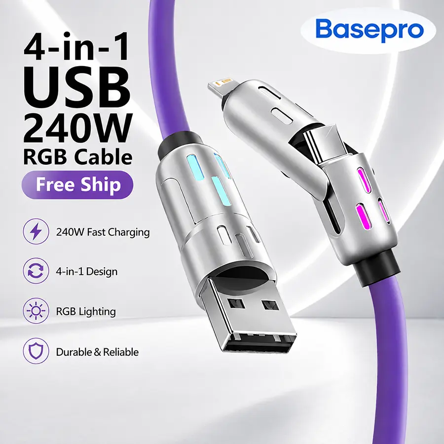 [Buy 1 Get 1 Free] 4-in-1 240W PD Fast Charging Cable - Silicone, Aluminum Alloy, 3.28FT, USB-C & USB-A to Lightning, Data Sync, Universal for Cellphone, Mobile & Electronic Device