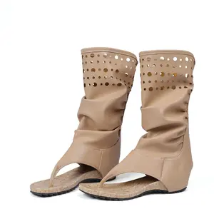 Womens Mid Calf Boots Hollow Cutout Sandal Boot Open Round Toe Wedge Flat Heels Back Zipper Flip Flops Pull On Party Outdoor Casual Boho Summer Fall Fashion Autumn Comfy Classic Vintage Slouch Sandals