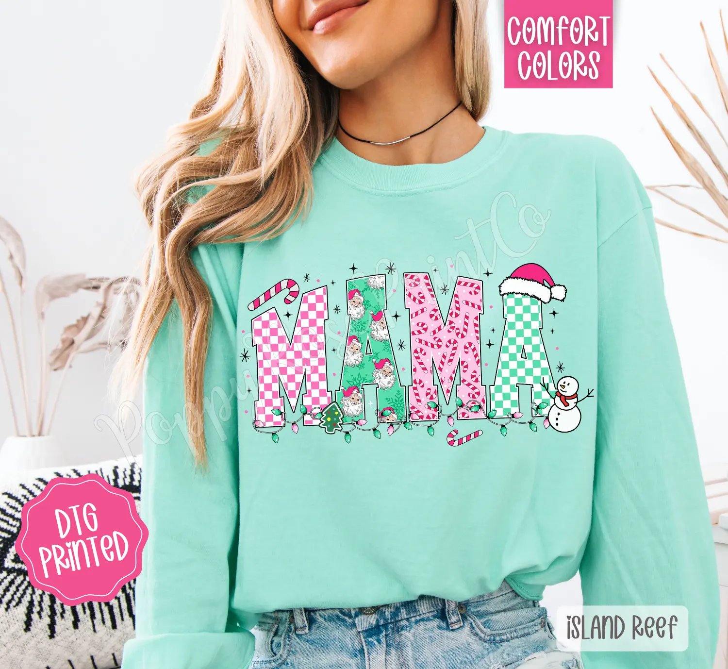 Checkered Christmas Mama Comfort Colors Long Sleeve T-Shirt, Cute Women's Holiday Tee