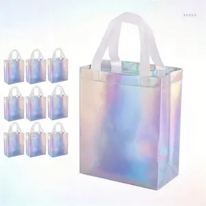 10Pcs Iridescent Gift Bags, Medium Non-Woven Fabric with Sturdy Handles, Reusable Rainbow Glitter Design, Ideal Event Favor Bags for Birthday, Party, Wedding and Christmas Gift Packaging.