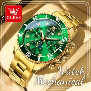 Premium OLEVS 6729 All Gold Mechanical Watch for Men, Functional Green Dial, Luminous Waterproof Practical Luxury Watch for Business & Casual