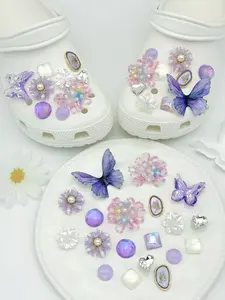 19 Piece Blue Dream Butterfly Flower Shoe Charms, Shoe Accessories, Resin Pearl Decorations, Fresh Fairy Tassel Style, Shoe Adornments, Shoe Embellishments, Fairy Theme, Versatile Fit, Fits Hole Shoes