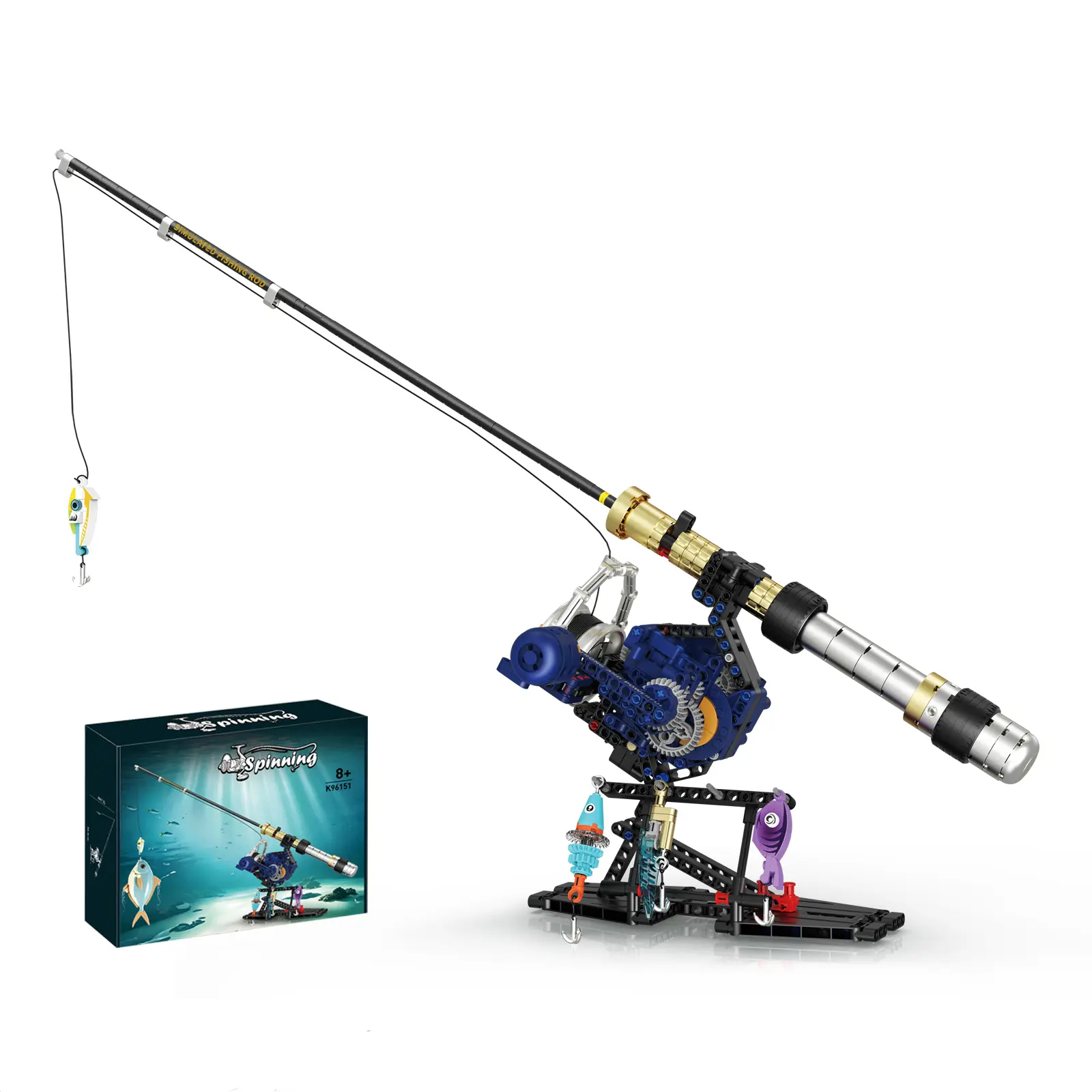 Plavio 451PCS ABS Plastic Mechanical Fishing Rod Construction Building Blocks Kit - 31in Long, Working Reel, Realistic Model with Lures & Stand, STEM Toy for Adults, Father's Day Gift (Age 8+)