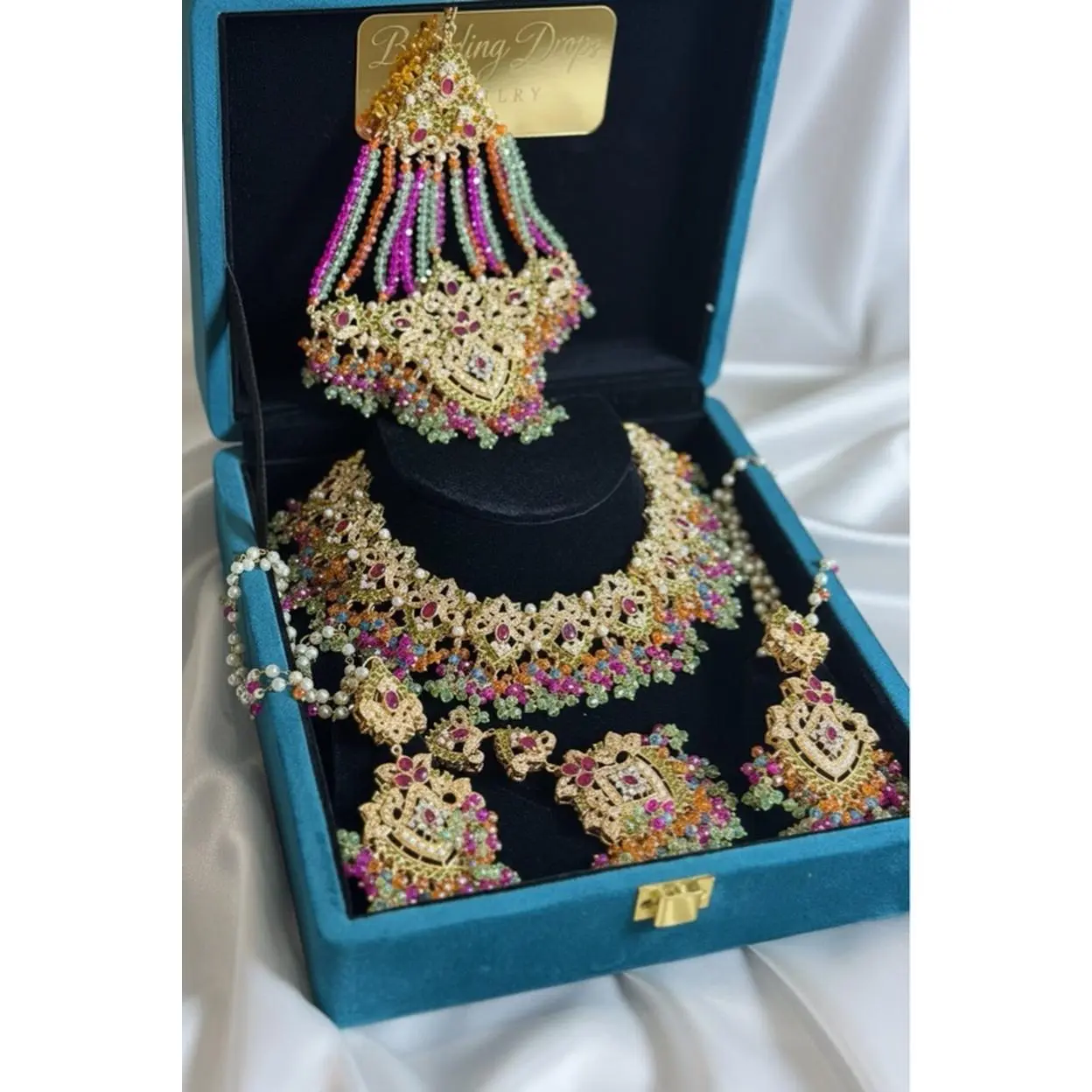 Orange & Hot Pink Navratan Passa Set Traditional South Asian Royal Glam Jewelry for Weddings Mehndi Festive Events Party Wear