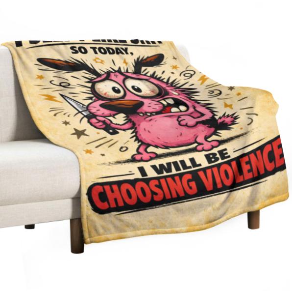 Anxious Pink Dog “Choosing Violence” Meme Blanket – Funny Sleep-Deprived Cartoon Dog with Knife Quote Design, Perfect Novelty Gift for Friends and Dark Humor Enthusiasts