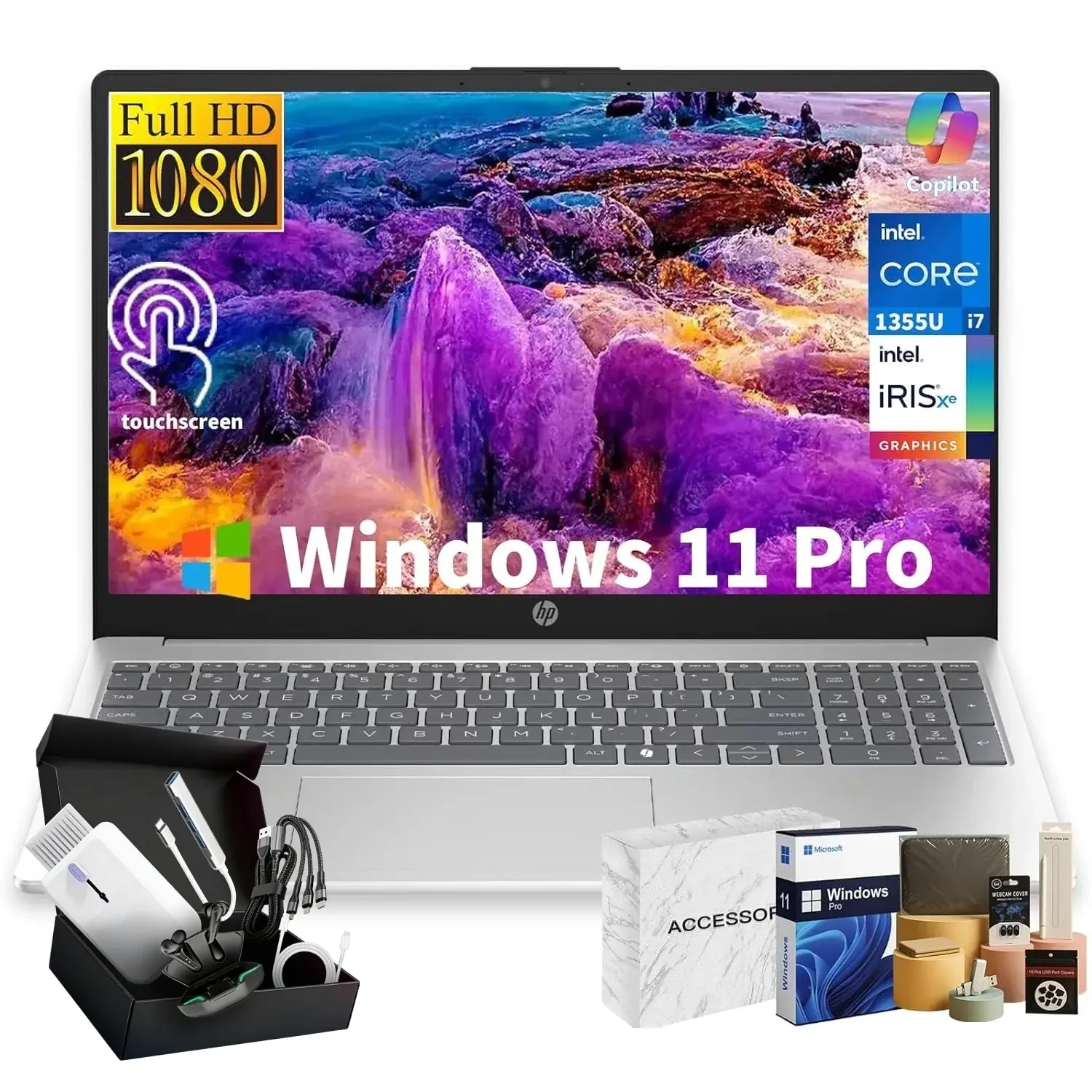 HP 15.6'' Ai Laptop Computer, Intel 13th Core i7-1355U, 15.6'' Touchscreen FHD IPS Display, Windows 11 Pro, Ai Copilot, Up to 32GB RAM, Up to 2TB SSD, Wi-Fi 6, Fast Charge