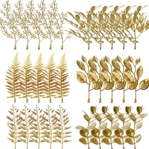 30Pcs Artificial Mini Golden Leaves 5inch Fake Gold Plants Foliage Stems Simulation Eucalyptus Cedar Elm Leaves Grass Stems for Wedding Picks Decoration DIY Wreath Crafts Christmas Tree Filler