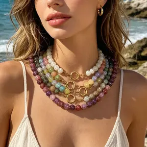 Coastal Boho Beaded Necklace for Women, Handmade Colorful Glass Stone Jewelry, Y2K Beach Choker with Stainless Steel Clasp, Summer Vacation Layering Necklace Gift