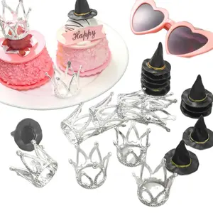 24pcs Mini Witch Hat Mini Crown Cake Decoration Ornaments Birthday Party Accessories, Cupcake Decorations, Evil Witch Black Little Wizard Hat Silver Crown, Evil Cake Topper and Evil Cupcake Topper