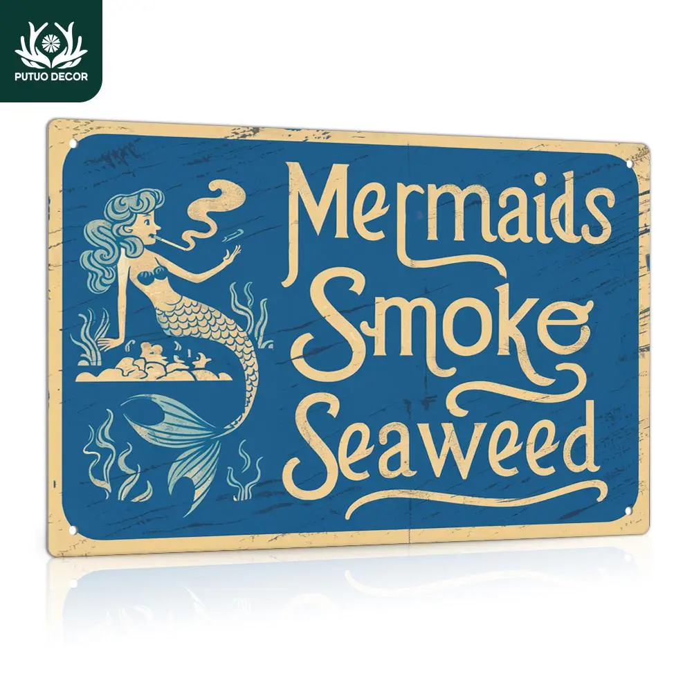 Vintage Mermaid Letter Pattern Stainless Steel Sign - 1-Count Retro Decorative Plaque, Home Decor Products, Signage, Wall Decor, Balcony Wardrobe Room Accent for Farmhouse Dorm, Room Decor