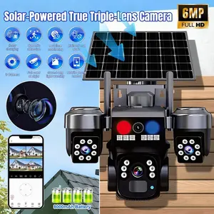Solar Security Camera Outdoor 6MP, Triple Lens WiFi PTZ Camera, PIR Human Detection, Color Night Vision, Two-Way Audio, IP66 Waterproof,for Valentine’s Day Gift