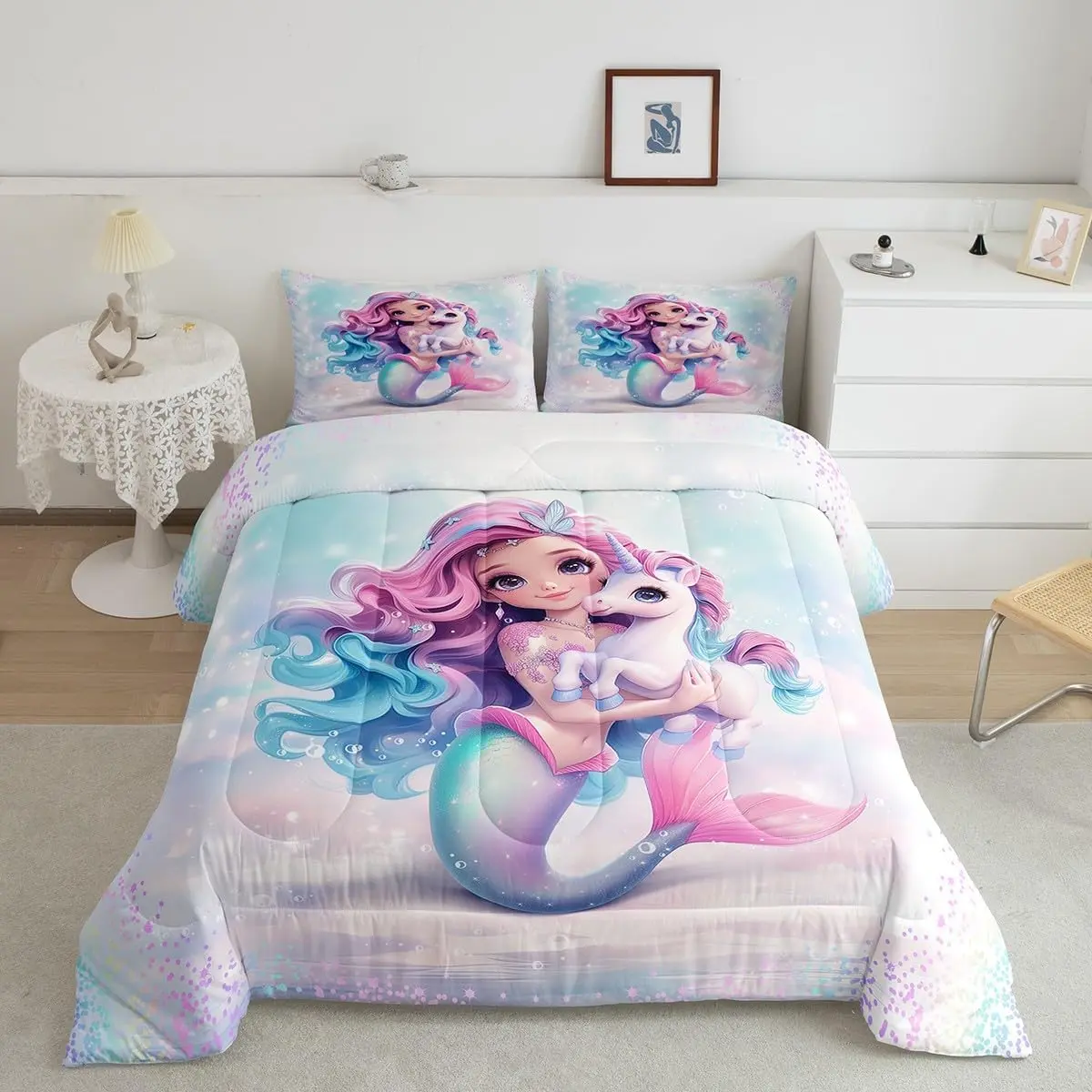 Pretty Mermaid Bedding Set Cute Unicorn Comforter Set Adult Pink Blue Duvet Set Glitter Bubble Quilt Set