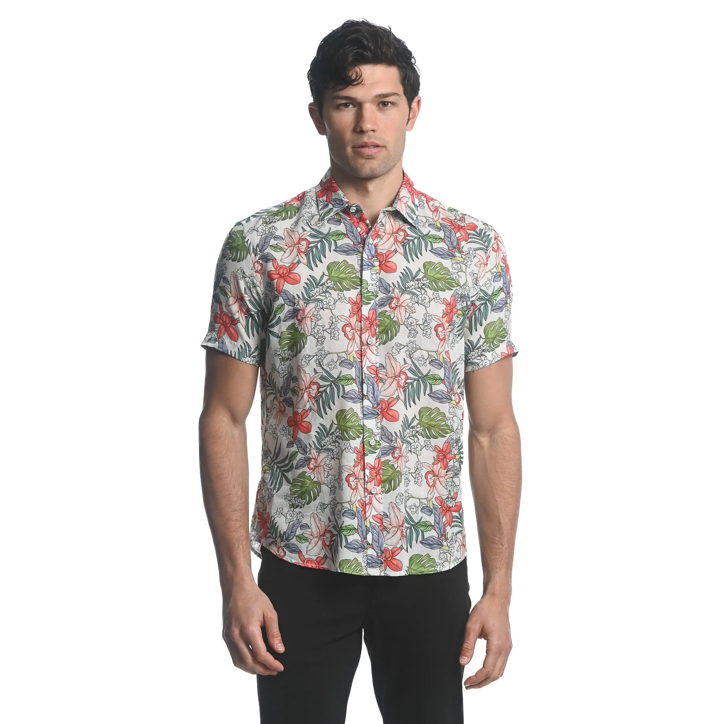 PINK/ TEAL ORCHIDS PRINTED LINEN TENCEL SHORT SLEEVES WOVEN SHIRT PM-45023