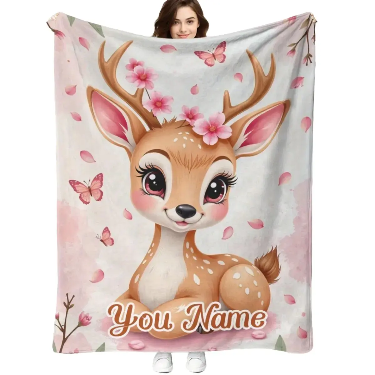 1 Personalized Deer Pattern Blanket - Light Pink/White/Gray/Brown - Soft Flannel, Customizable with Name/Text - Lightweight All-Season Use, Suitable for Girls, Boys, Adults - Birthday, Valentine's Day Gift - Machine Washable - Cozy Companion