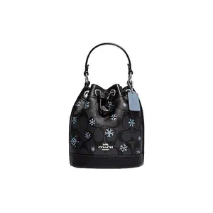 COACH Dempsey 15 Classic Monogram Drawstring Bucket Bag for Women, Faux Leather and Genuine Leather, Black