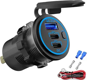 V USB Outlet Wire USB Charger Multi Port, Dual PD. USBC and Quick Charge. Car Port Socket with Power Switch, Fast Charge for Phone lPad Android Phones, Suitable for Car Boat RV Marine ATV