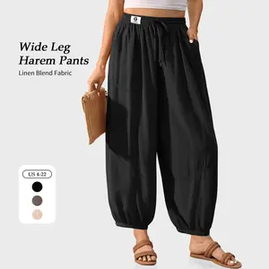 【SS26 Collection】TARSE Womens Linen Harem Pants Casual Wide Leg Baggy Barrel Palazzo Drawstring Boho Summer Beach Travel Lantern Pants with Pockets