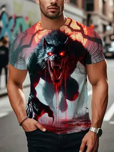 Men's Plus Size Werewolf Full-Body Print T-Shirt - Oversized Short Sleeve Crew Neck Streetwear Top with Fierce Wolf & Blood Drip Design, Machine Washable Summer Gothic Shirt for Young Men (Werewolf Transformation Style), PLUS SIZE