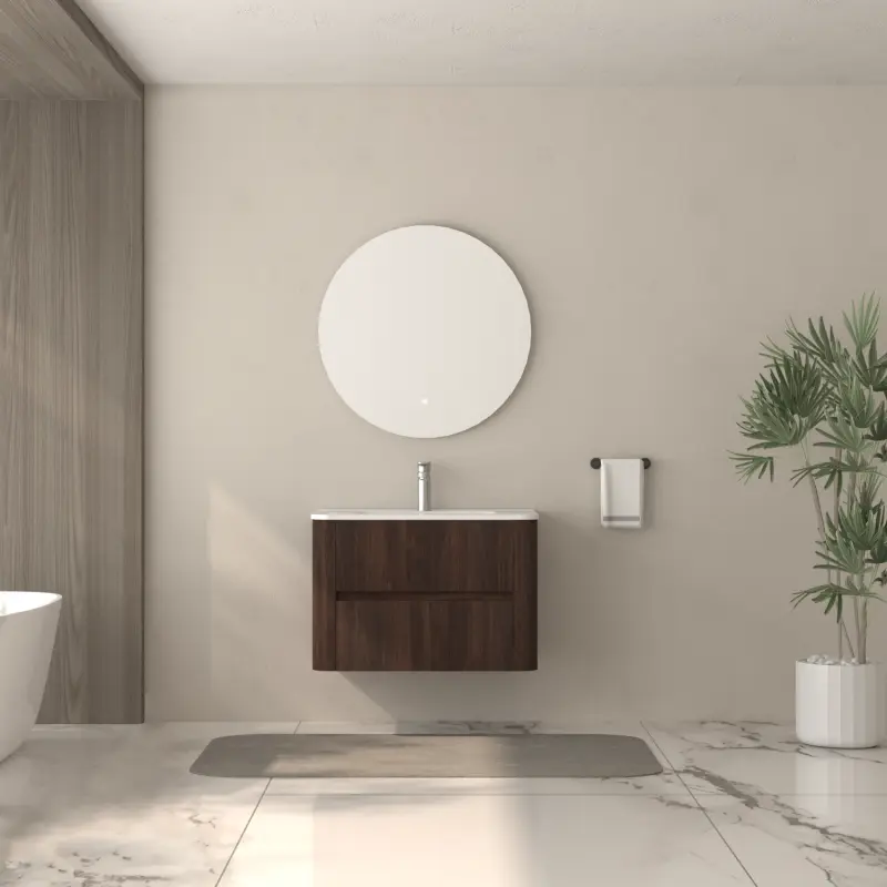 30" Wall Mounted Bathroom Vanity with Sink Floating Vanity Two Drawers Dark Walnut Bathroom Cabinet with White Ceramic Integrated Sink