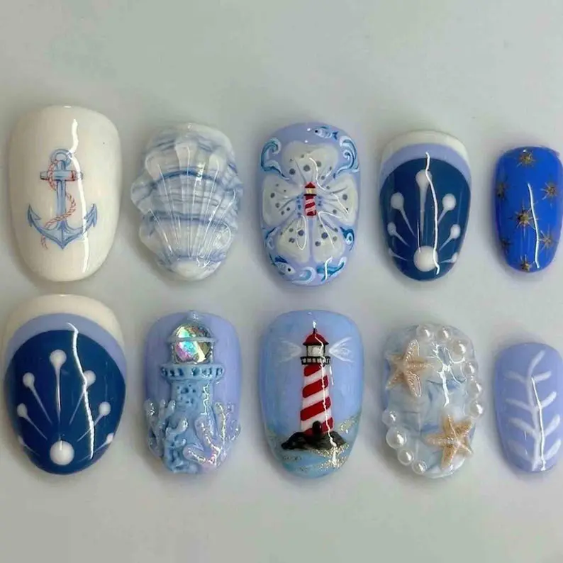 A60 Coastal Lighthouse Press-On Nails, Ocean Blue Seashell and Starfish Design with Anchor Art, Glossy Summer Beach Style, Cute Marine Inspired Nails, Gift for Her