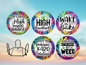Set of 5 Coasters with Holder - Design Weed 100 Durable Non-Slip Rubber Coasters for Hot & Cold Beverages Protects Tables from Heat Damage