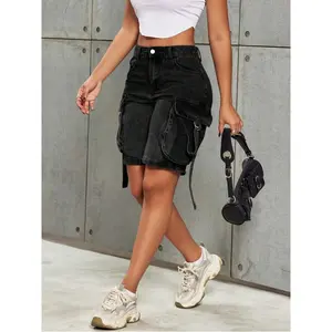 Street Vintage Flap Pocket Tape Detail Work Cargo Denim Bermuda Straight Leg Jeans Denim Shorts Jorts