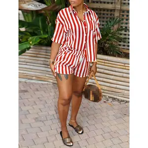 Chic summer women's striped print casual two-piece set-loose fit short sleeve button-up shirt & high-waist shorts, polyester clothes top pants(Sheet)