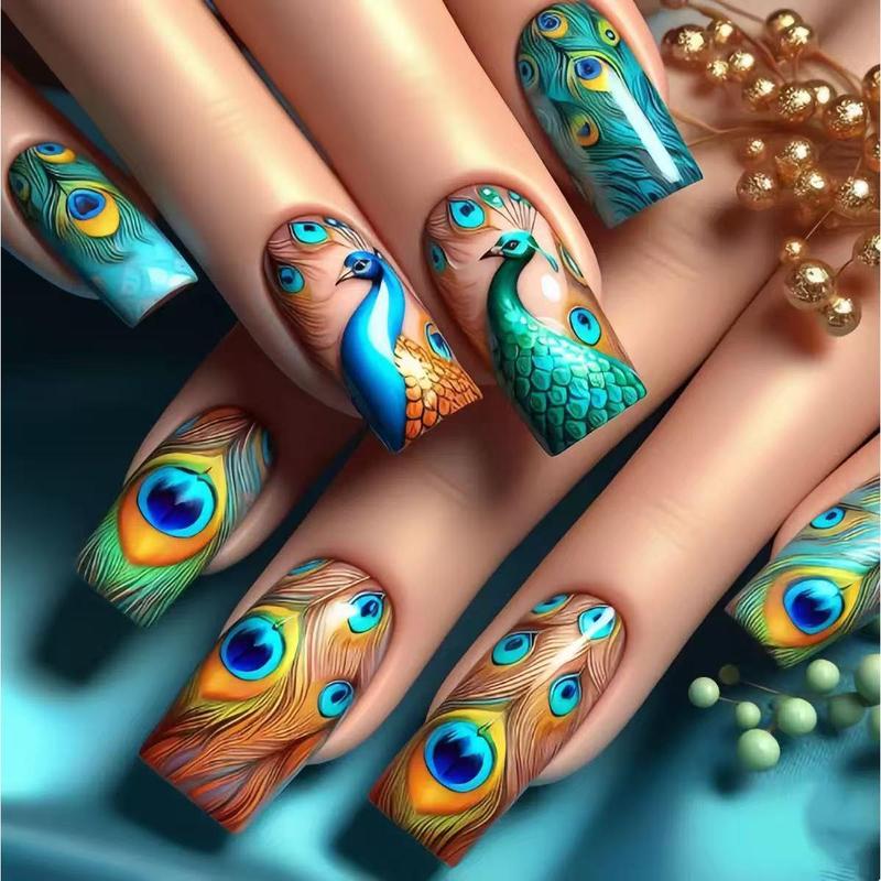 (216 Pieces) 9 Sets of Vibrant Press-On Nails - Mixed Colors, Floral, Cosmic, and Geometric Patterns, Medium Almond Shape, Glossy Surface - Diverse Styles, Fashionable Nail Art, Vibrant Nail Art | Pattern Embossing | Complex nail designs, nail accessories