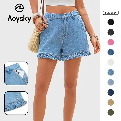 Aoysky Women's High-Waist Regular-Leg Non-Stretch Solid Fitted Ruffle Denim Shorts - Cotton Casual Bottoms with Pockets, Button Front, Machine Washable for Daily Summer Wear