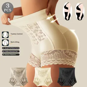 QUASTI 3 PCS High Waisted Flat Exquisite Lace Patchwork Angle Women's Briefs, Hip Lifting Abdominal High Elasticity Underwear Panty, Soft Fashionable Elegant Tummy Control Comfortable Panties, Daily Wear, S-XXL ﻿ Womenswear