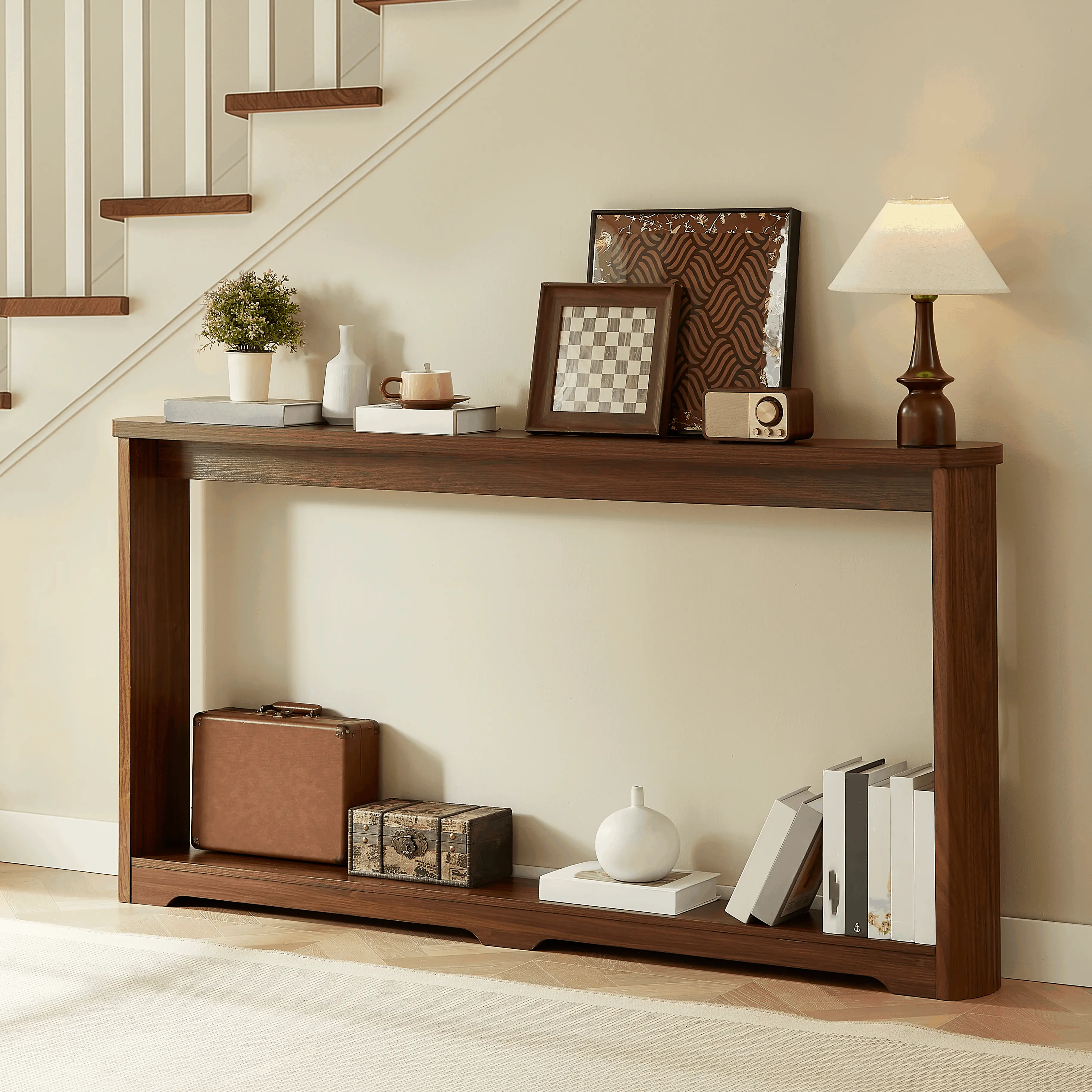 Spaco 70.1" Walnut Console Table with Corrugated Texture – 8.7" Deep Narrow Sofa Table Behind Couch, Long Entryway Storage Table for Hallway, Foyer & Living Room