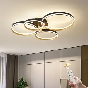 4-Ring Modern Dimmable LED Ceiling Light, Gold Flush Mount Lamp with Remote Control for Living Room, Bedroom, Kitchen, Corridor, Dining Room, Office