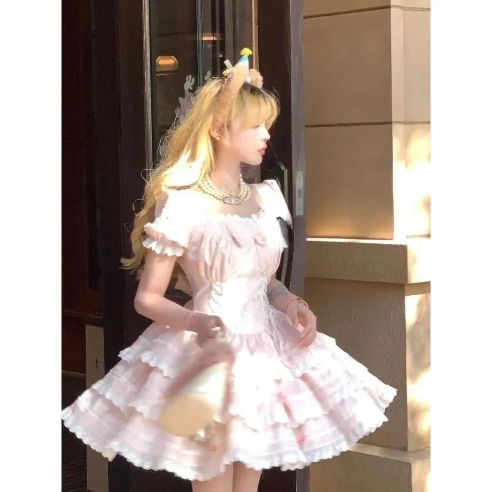 Japanese Kawaii Bow Lace Lolita Dress Women Sweet Cute Puff Sleeve Slim Pink Mini Dresses Female Pretty Fairy Princess Dress New