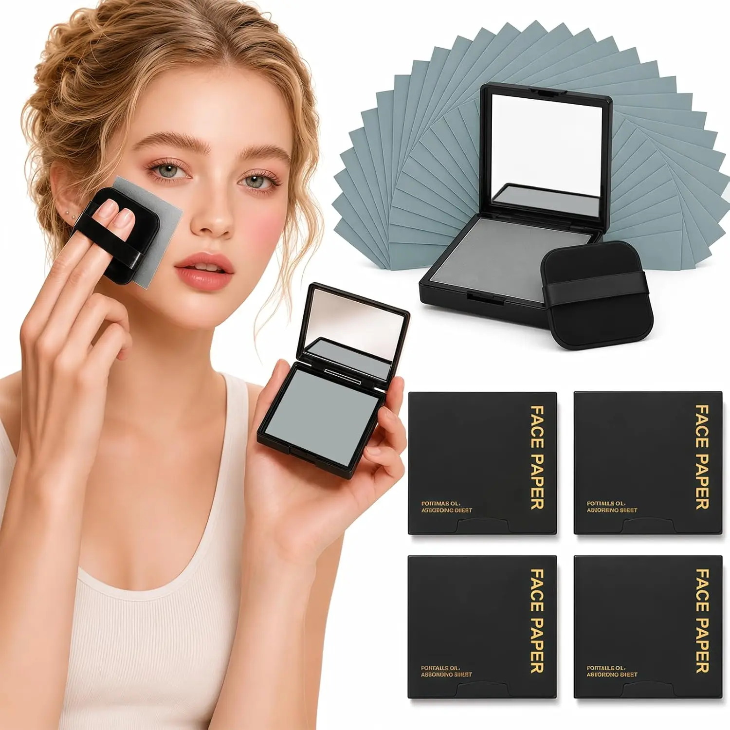 Oil Blotting Sheets for Face, 500 Count Blotting Papers with Mirror, Puff & Refill Pack, Oil Absorbing Face Sheets for Oily Skin, Facial Shine Control, Makeup Friendly, Odorless, Light Gray