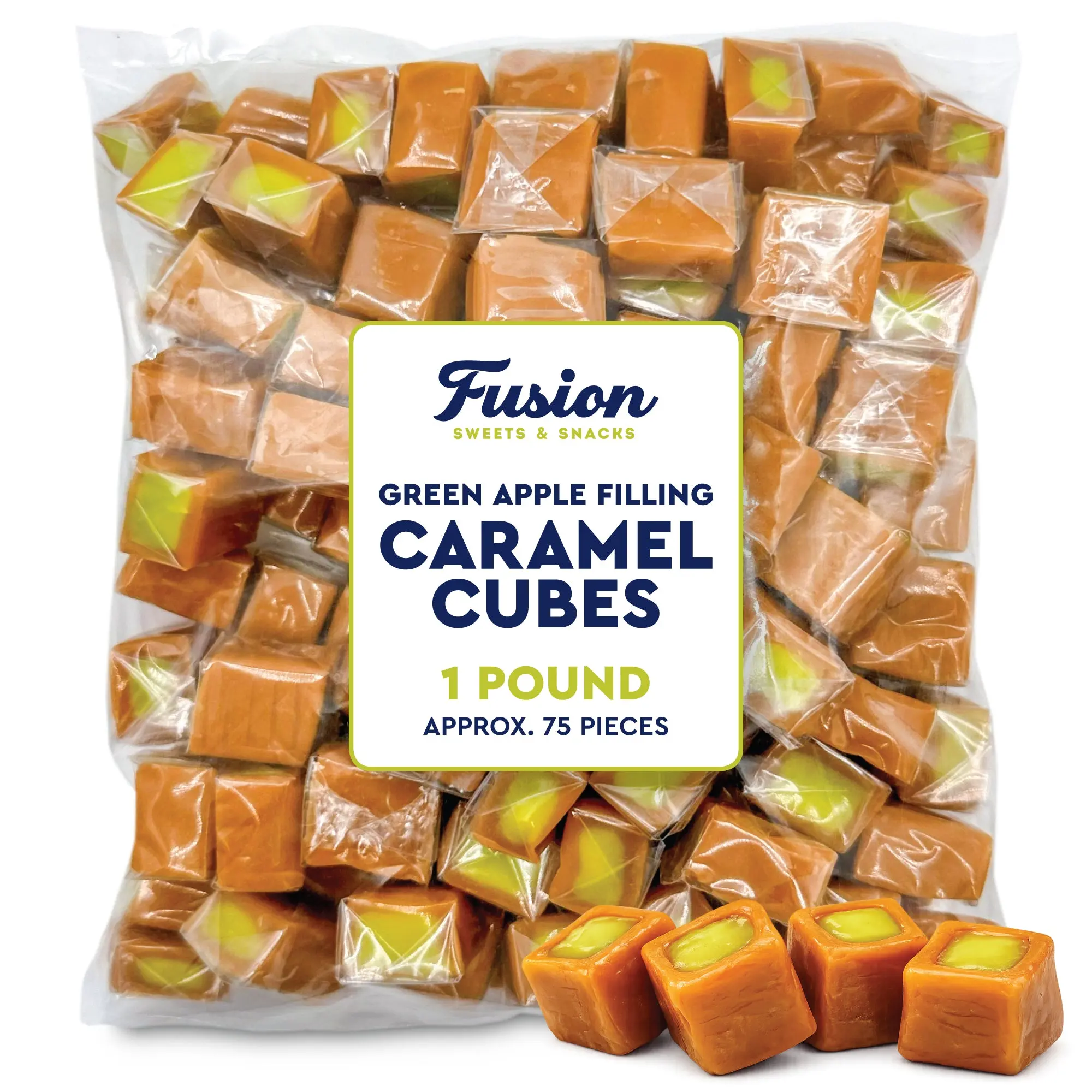 Caramel Cubes Candy Green Apple Filling - 1 Pound Bulk Bag -Individually Wrapped, Caramel Chews Soft Classic Chewy Candy, For all Holidays And Any Occasion. (Approx 75 Count) Bulk Candy