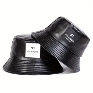 Unisex Letter Patch PU Leather Bucket Hat Outdoor Sport Sunscreen Leisure Hat Spring Autumn Travel Tourism Beach Vacation