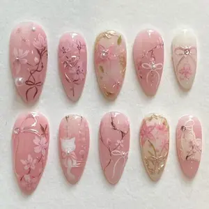 30Pcs Pink Flower Press on Nails Medium Almond Fake Nails Gilding Peach Blossom with Gems Design 3D Pearl Bow False Nails Cute Cat Stick on Nails Handmade Full Cover Artificial Glue on Nails for Women