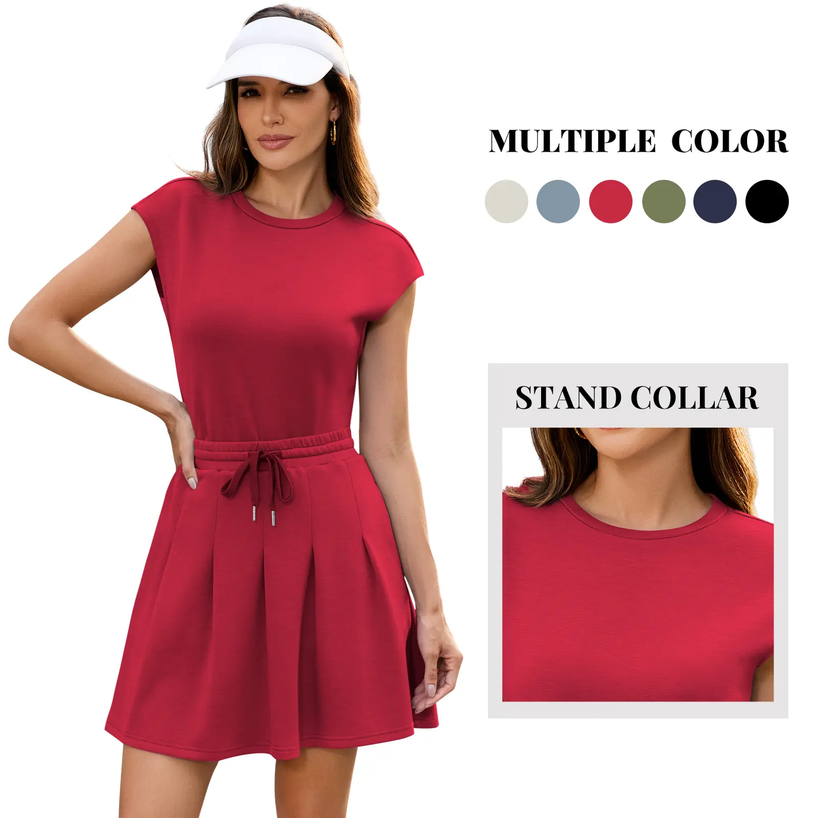 Women's 2-Piece Fitted Cotton Athletic Skirt Set, Sporty Chic Tennis Wear with Above-the-Knee Pleated Skort and Solid Crewneck Cap Sleeve or Sleeveless Top, Pleated Skirt Outfit, Pleated Skirts