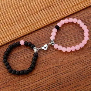 Trendy Black Pink Beaded Bracelet Cute Matching Couple Best Friend Fashion Daily Casual Versatile Wrist Accessories