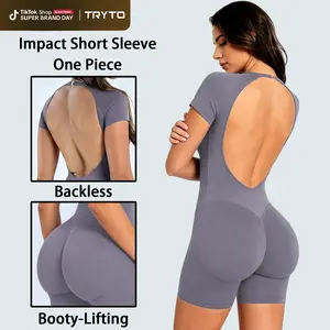 HALO Regular Length Impact Short Sleeve One Piece Women's Seamless Workout Unitard Tummy Control Butt Lifting Short Sleeve Yoga Romper