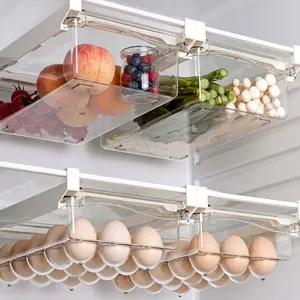 Household refrigerator hanging storage rack, pull-out transparent drawer, multifunctional organizer for eggs, fruits, vegetables, and meat—suitable for kitchens, living rooms, and more.